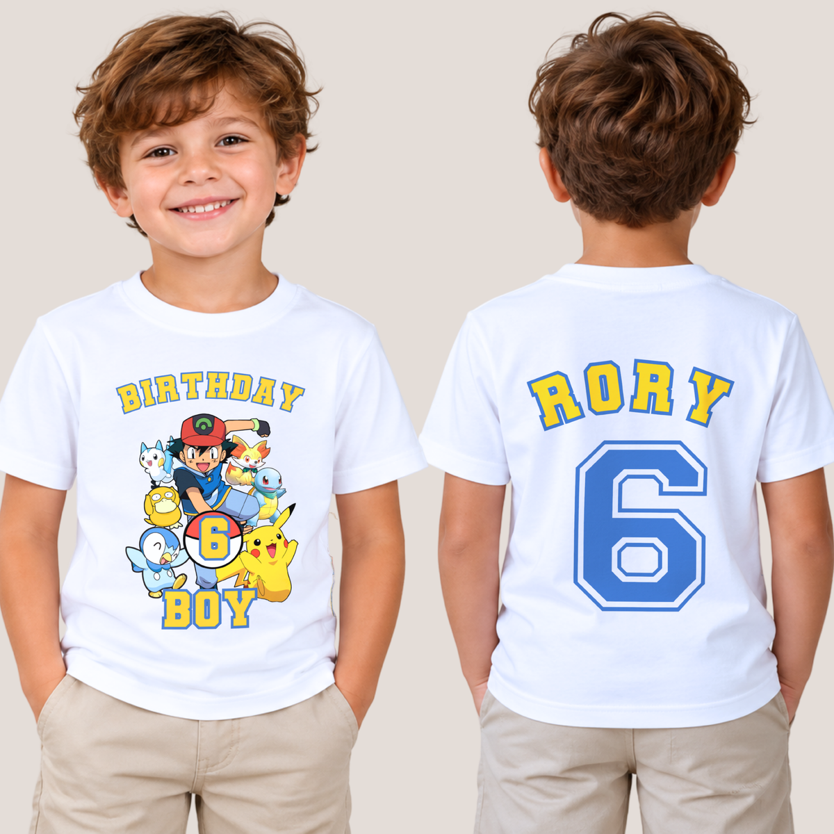 Personalised Pokémon Birthday T-Shirt for Boys, white gamer birthday top with colourful Pokemon characters, custom name and large birthday age on back.