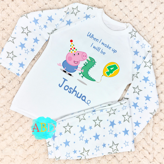 George pig birthday pyjamas, when i wake up george pig, peppa pig for boys, peppa pi birthday gift, George pig name age, george pig dinosaur pjs