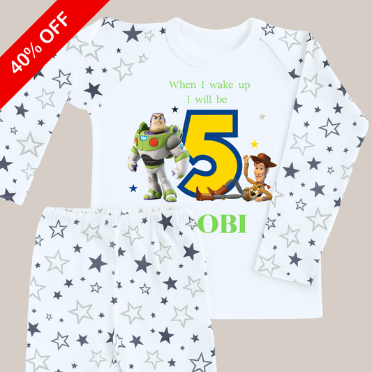 Boys Personalised Toy Story Birthday Pyjamas – Black Star Pyjamas, Reduced to Clear