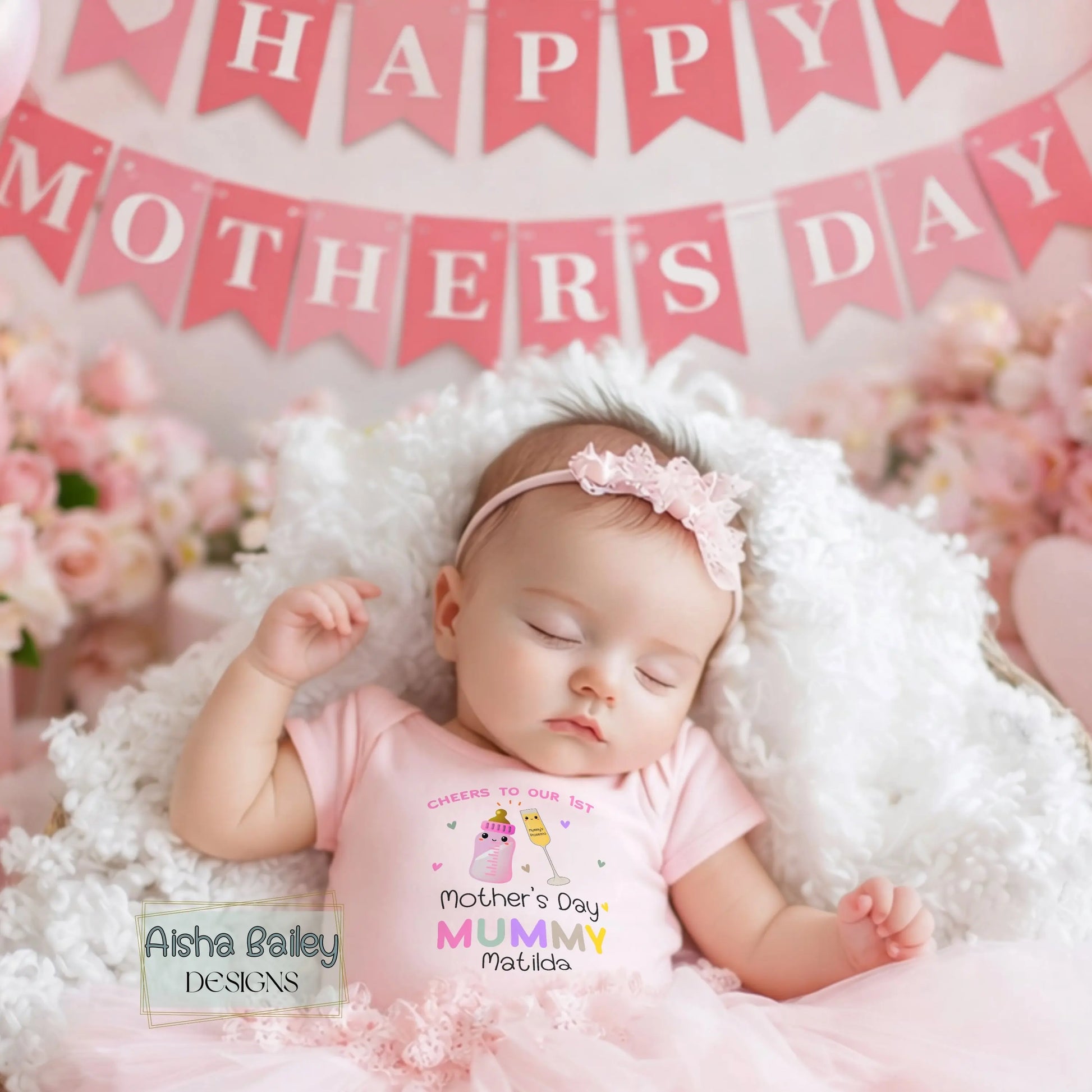Personalised First Mothers Day baby girl sleepsuit with mummy and daughter drink toast design, custom name Mother’s Day outfit keepsake gift