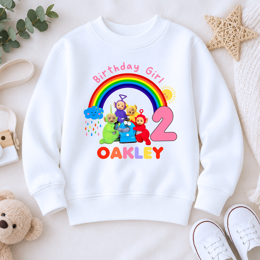 Girls Personalised Teletubbies Birthday Sweatshirt: Personalised Teletubbies Birthday, custom name sweatshirt. Personalised 1st 2nd 3rd birthday