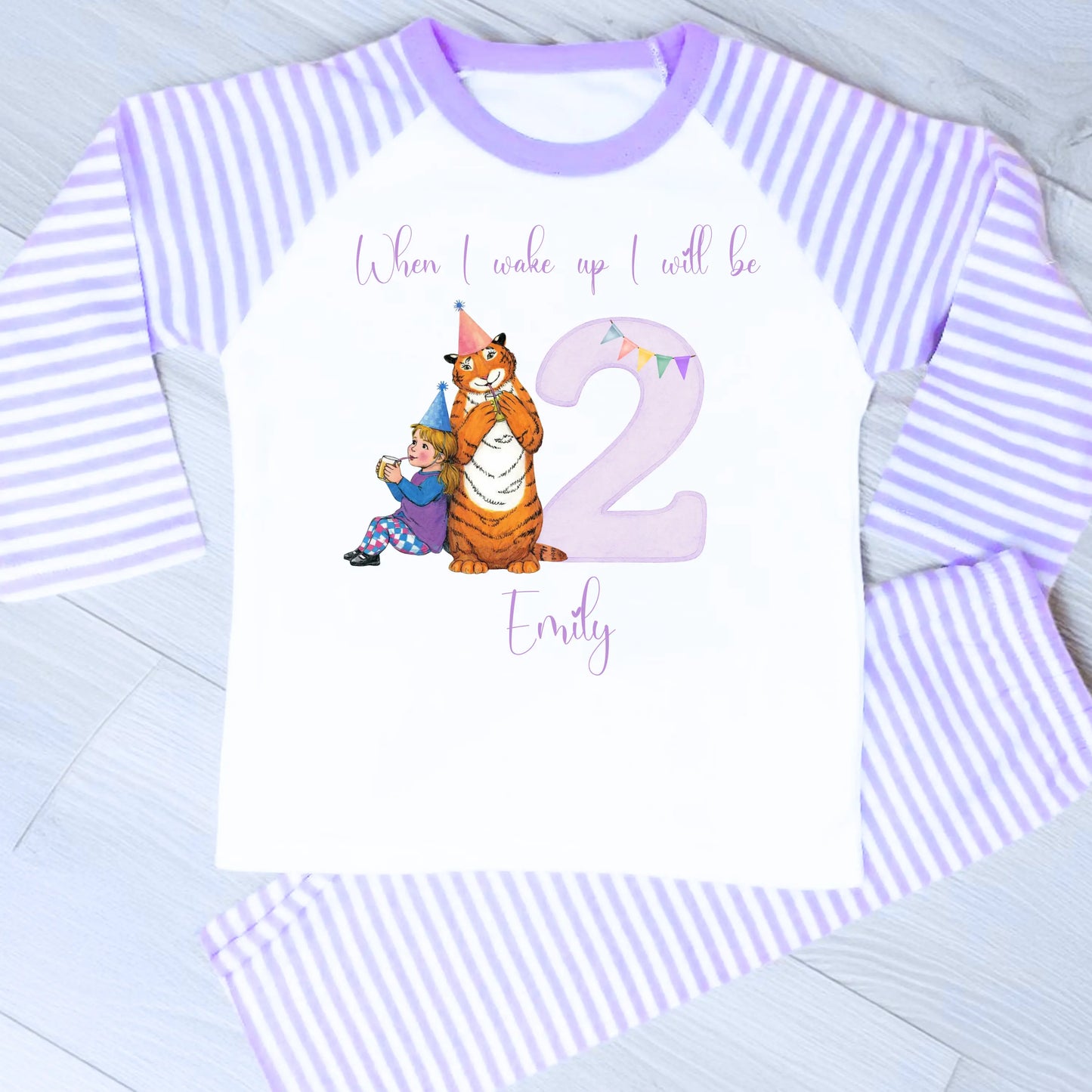 Girls Personalised The Tiger Who Came For Tea Birthday Pyjamas: Lilac Stripe and White Frilly PJs AishaBaileyDesigns