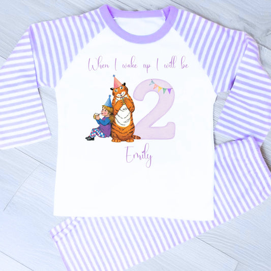 Girls Personalised The Tiger Who Came For Tea Birthday Pyjamas: Lilac Stripe and White Frilly PJs AishaBaileyDesigns