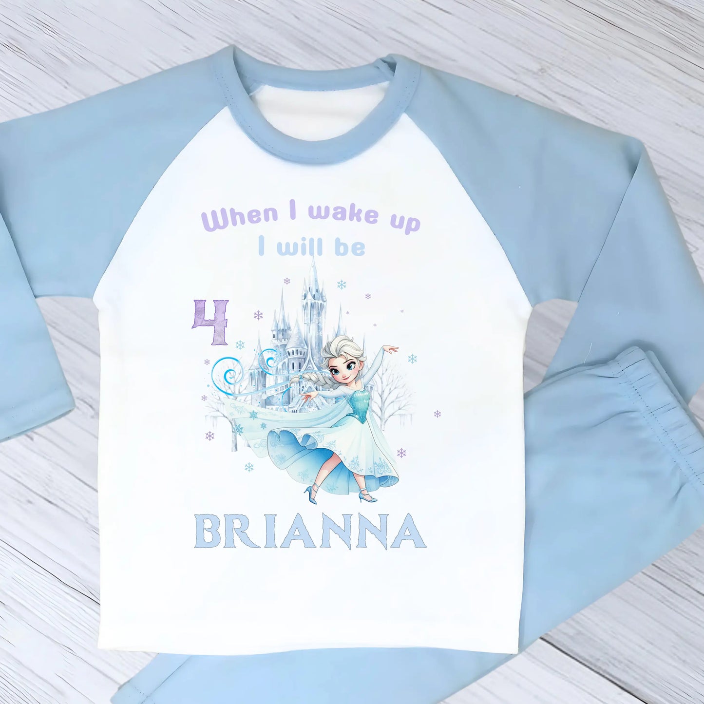 Frozen Elsa Birthday Pyjamas for Girls Personalised with Name & Age: Raglan & White Frilly PJs AishaBaileyDesigns