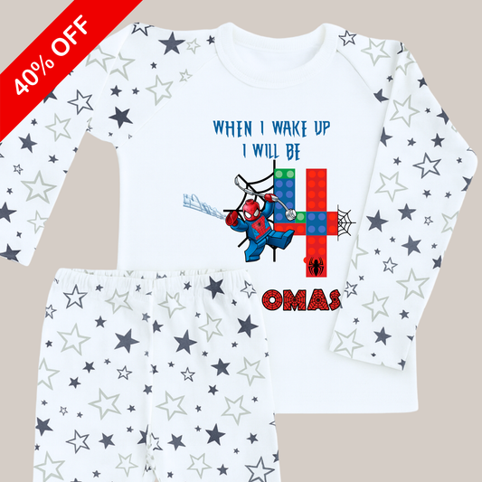 Lego spiderman birthday pyjamas, when i wake up spiderman, superhero themed birthday pyjamas on black star pjs