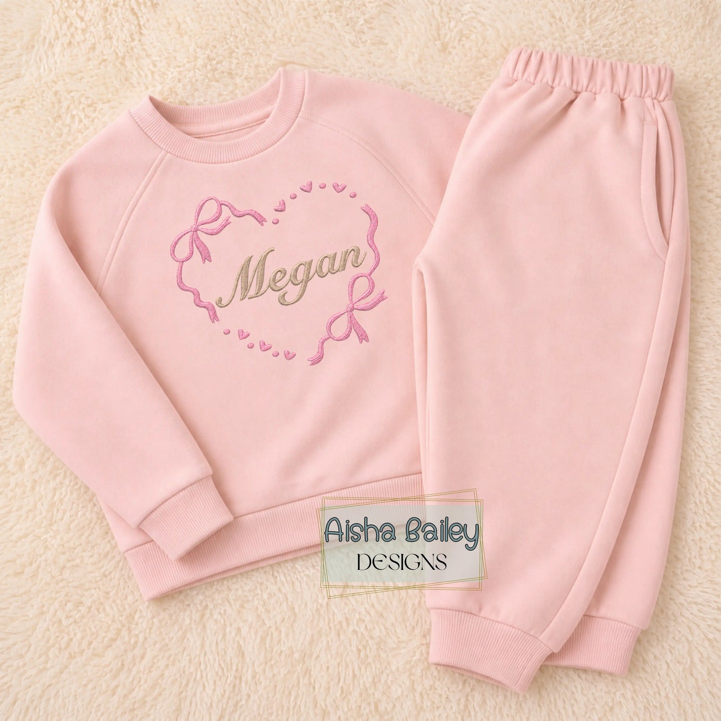Personalised Girls Loungewear Set Embroidered - Name Heart Bow Tracksuit for Everyday Wear AishaBaileyDesigns