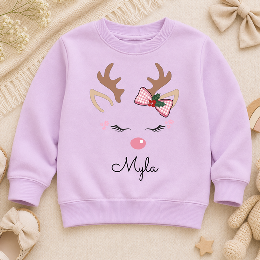 Girls Christmas Sweatshirt: Personalised Christmas sweatshirt for girls with pink reindeer design and custom name print.