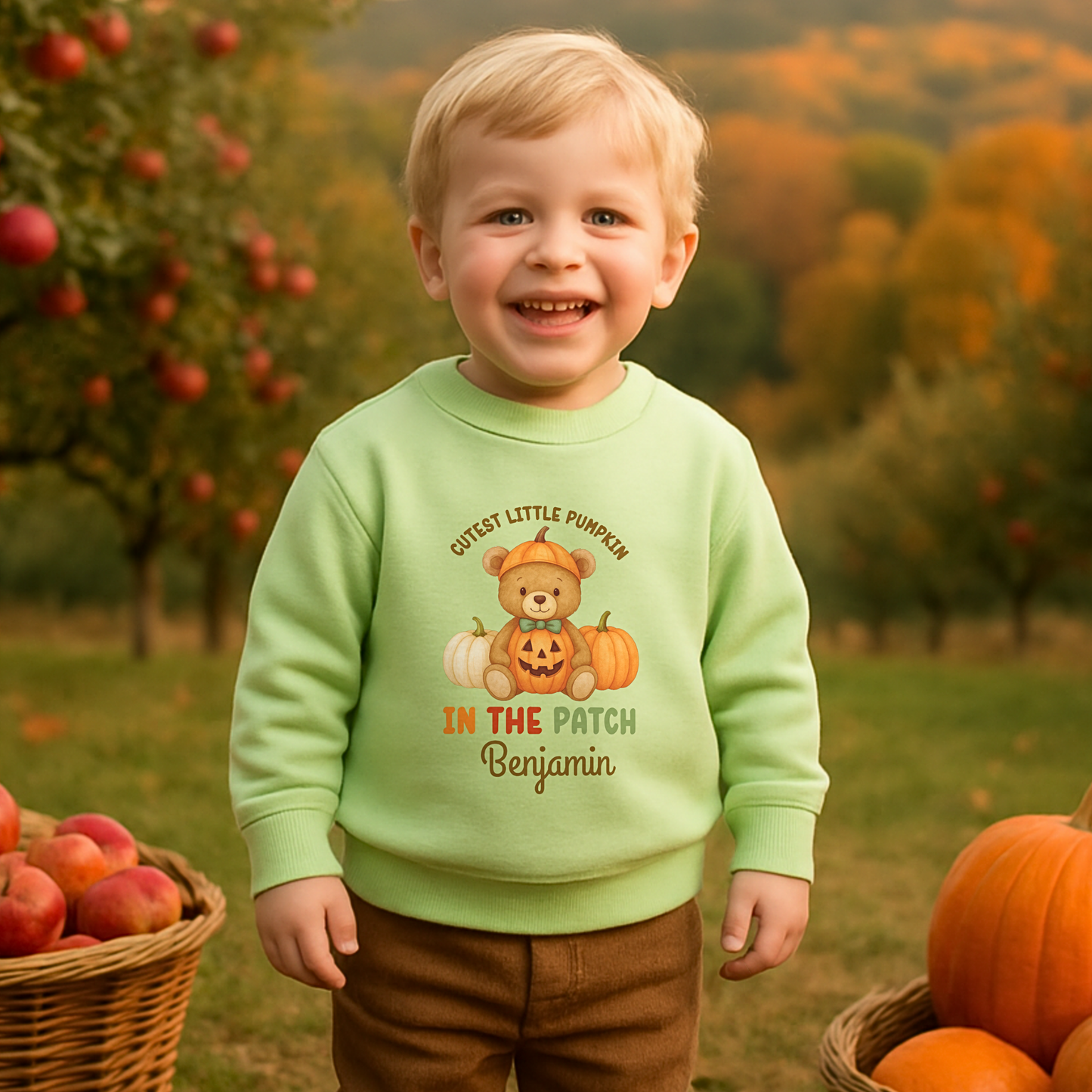 Personalised Halloween sweatshirt for kids with teddy bear and “Cutest Pumpkin in the Patch” design.