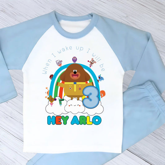Hey Duggee birthday pyjamas, boys hey duggee pjs, personalised hey duggee, duggee birthday pjs