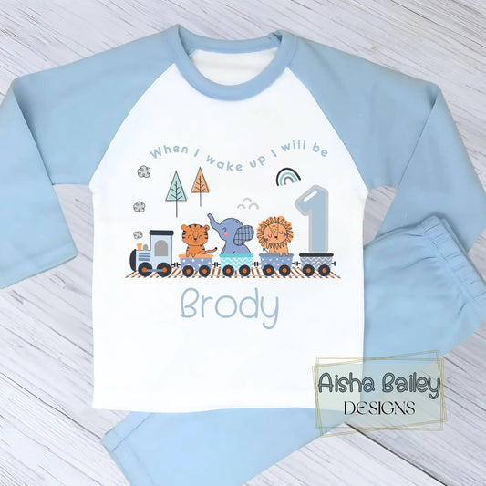 Personalised Safari birthday pyjamas with animal train design, custom name and age for boys