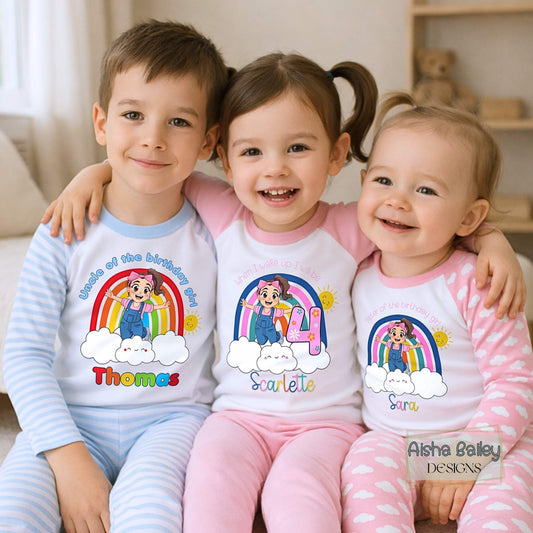 Ms Rachel Matching Sibling birthday Pyjamas: Ms Rachel Match With Me personalised pyjamas with sibling birthday design and names. Sister of the birthday girl, brother of the birthday boy, 