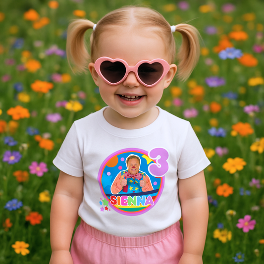 Personalised Mr Tumble birthday t-shirt for toddlers and girls, custom name and age birthday outfit with colourful design, perfect party gift