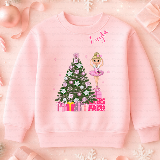 Personalised Christmas sweatshirt with ballerina customised to match child’s features, festive kids jumper, Christmas Jumper Day