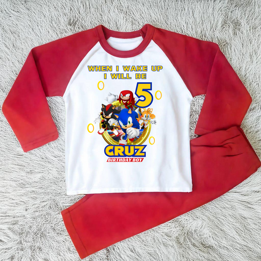 Boys Sonic birthday pyjamas, boys personalised sonic, gamers birthday pjs, sonic the hegehog pjs, sonic birthday pajamas