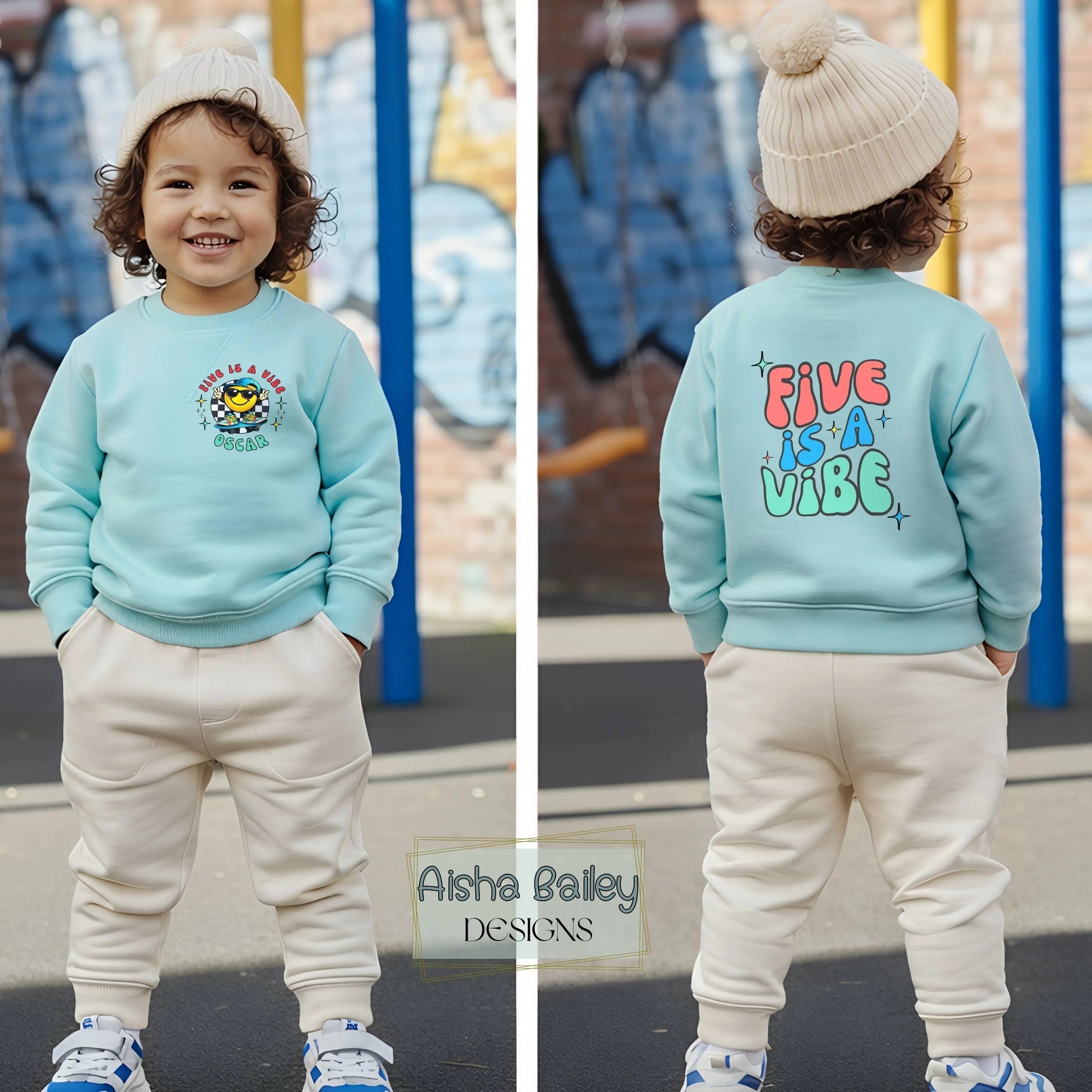 Five is a vibe birthday sweatshirt for boys with a colourful design on back. Personalised with custom name and age.Ideal for 5th birthdays
