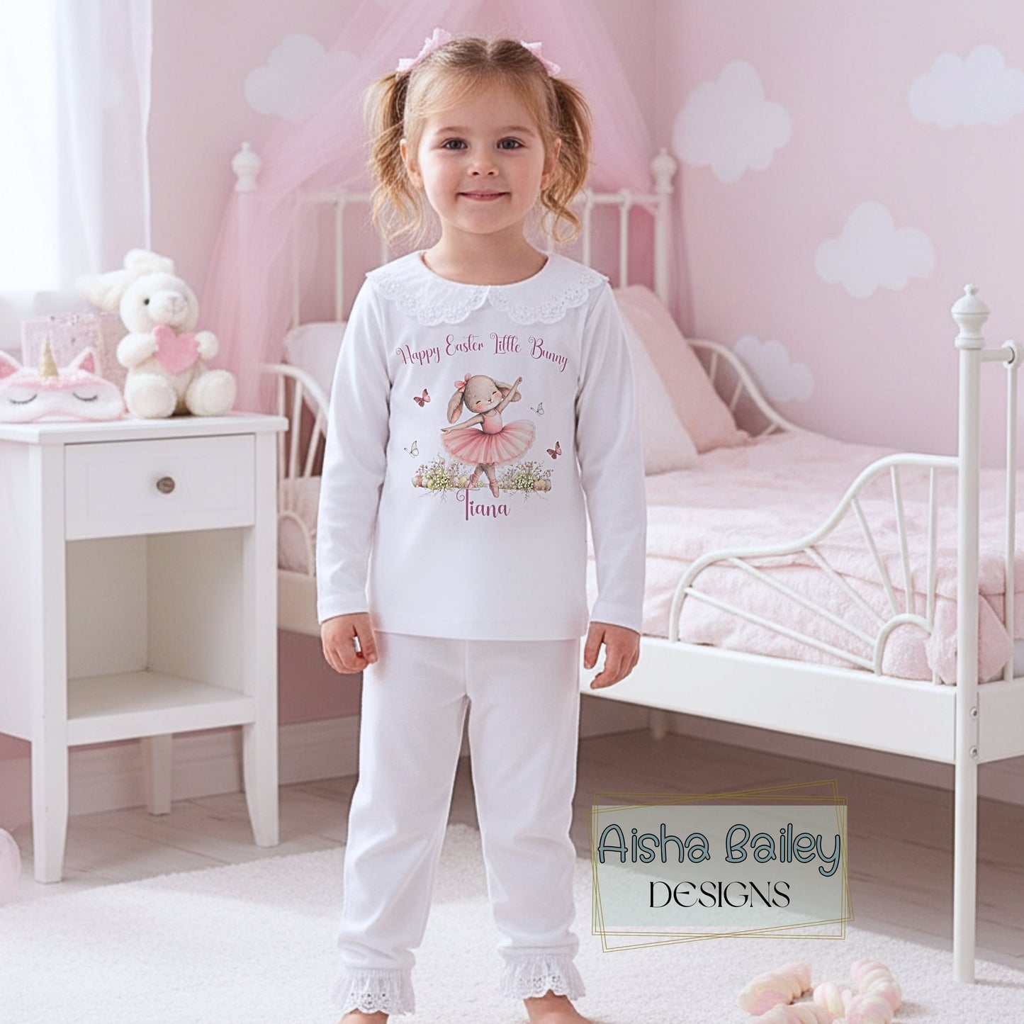 Personalised Easter pyjamas for girls with ballerina bunny design, frill details, and custom name in soft pastel colours