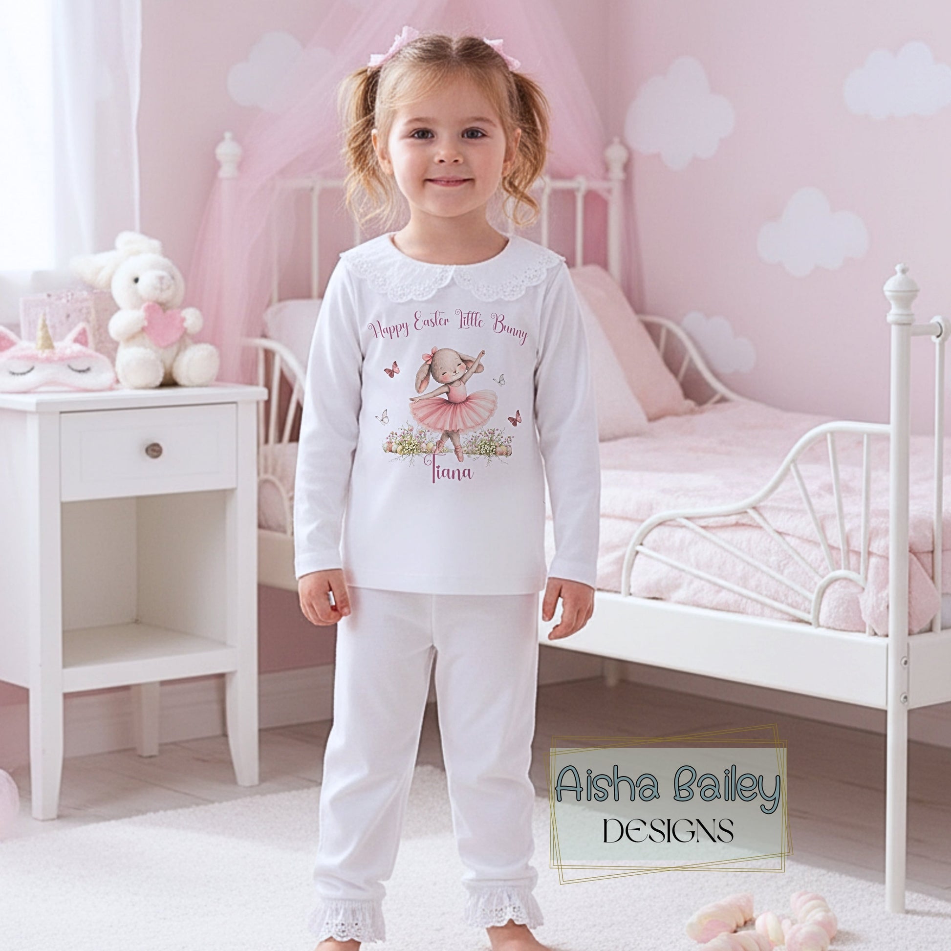 Personalised Easter pyjamas for girls with ballerina bunny design, frill details, and custom name in soft pastel colours