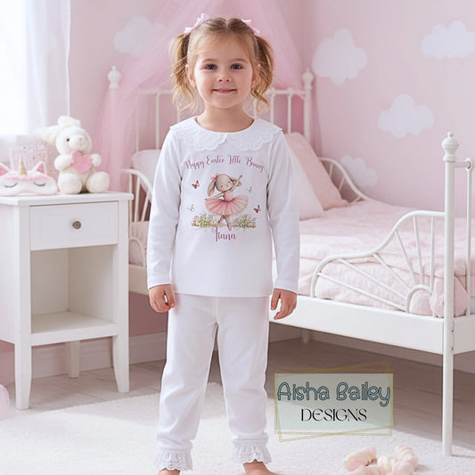 Personalised Easter pyjamas for girls with ballerina bunny design, frill details, and custom name in soft pastel colours
