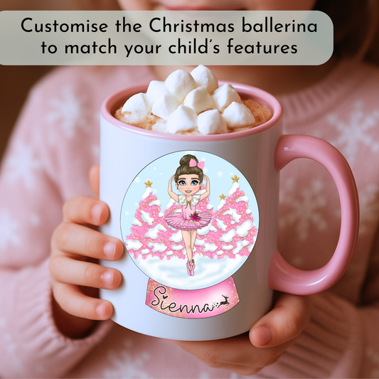Girls Christmas Mug personalised with ballerina snow globe design and child’s name, stocking filler mug, kids christmas hot chocolate