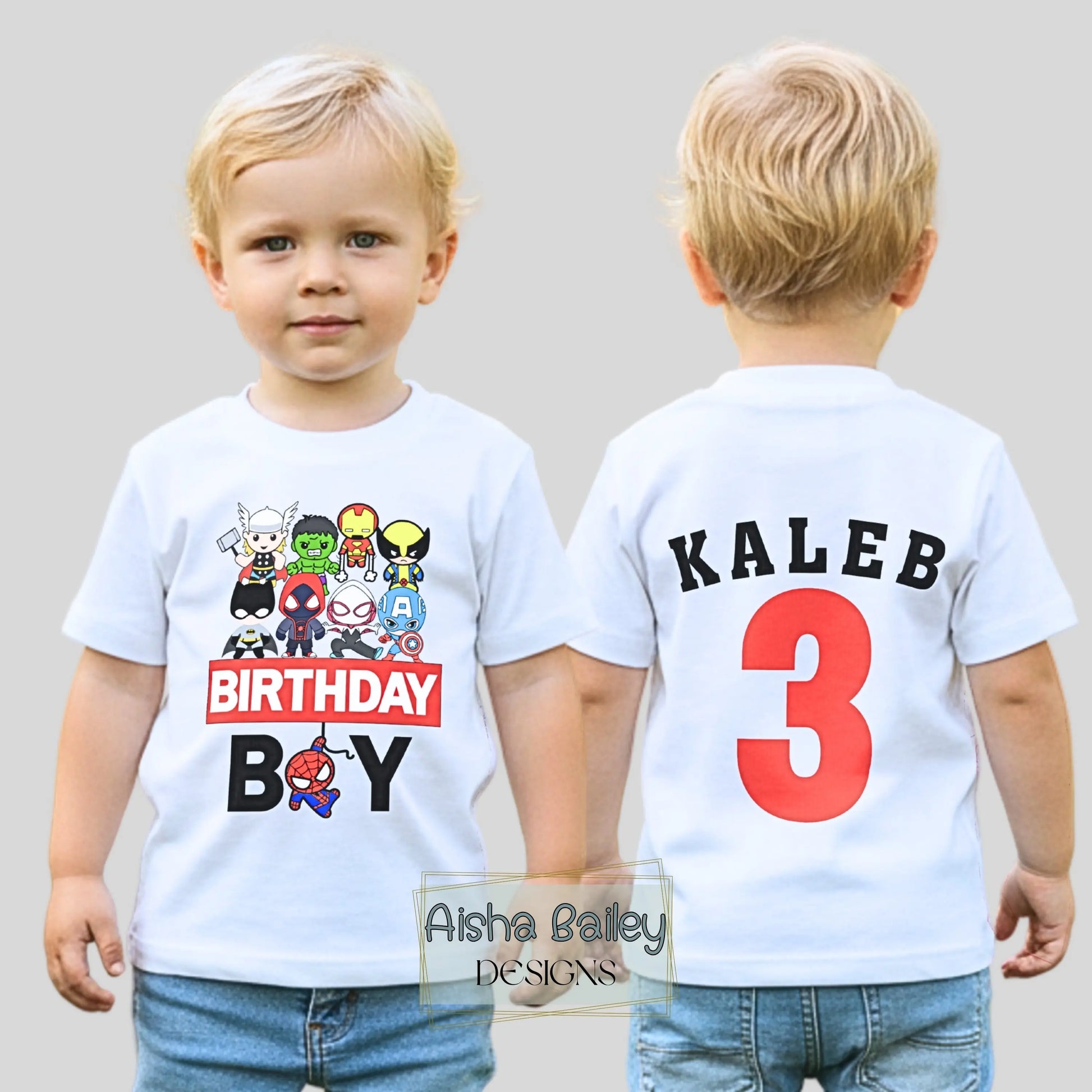 Boys Pwesonalised Superhero Birthday T-Shirt with Name & Age Front and Back AishaBaileyDesigns