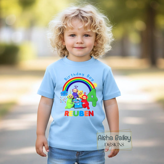 Boys Teletubbies Birthday T-shirt  with Personalisation - any name and age. Personalised 2nd 1st 3rd birthday tee, birthday boy top custom
