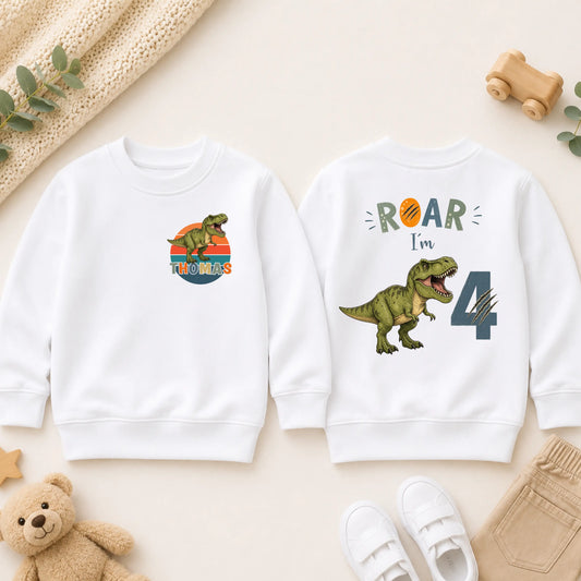 Personalised Boys Dinosaur Birthday Sweatshirt, Roar I’m 4 - 4th Birthday Jumper AishaBaileyDesigns