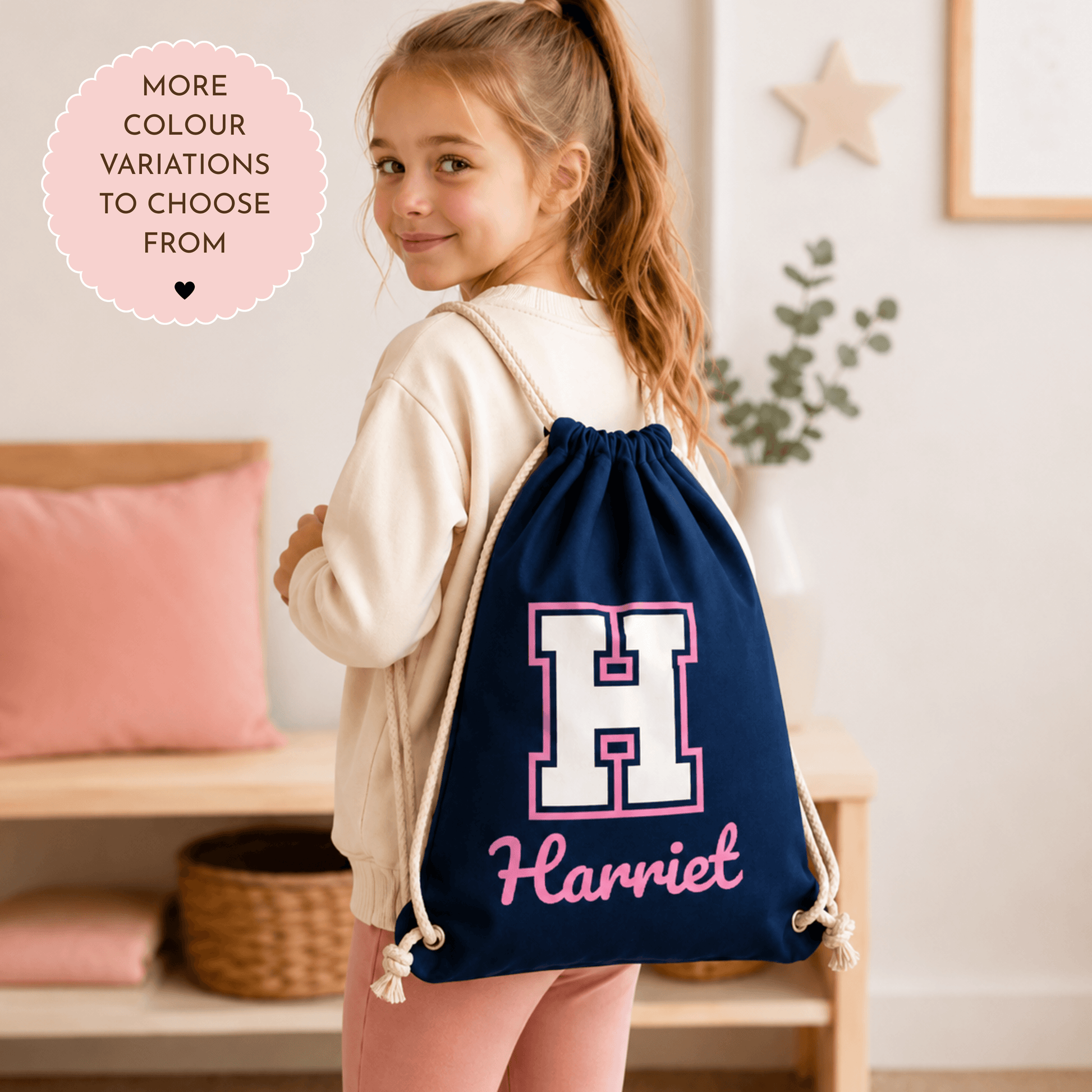 Personalised Varsity PE Drawstring Bag for girls with custom initial and name in a choice of bag colours.
