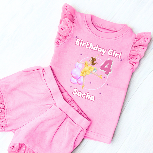 Personalised Girls Princess Ballerina Birthday Outfit, Ballerina Birthday Frilly Shorts & Top in Pink. At the top it says Birthday Girl, followed by a princess ballerina in a balloon arch and the child's name underneath.