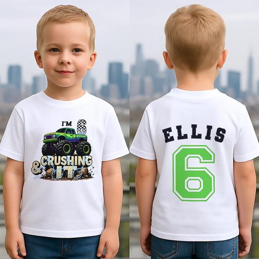 Boys Personalised Monster Truck Birthday T-shirt with Back Print