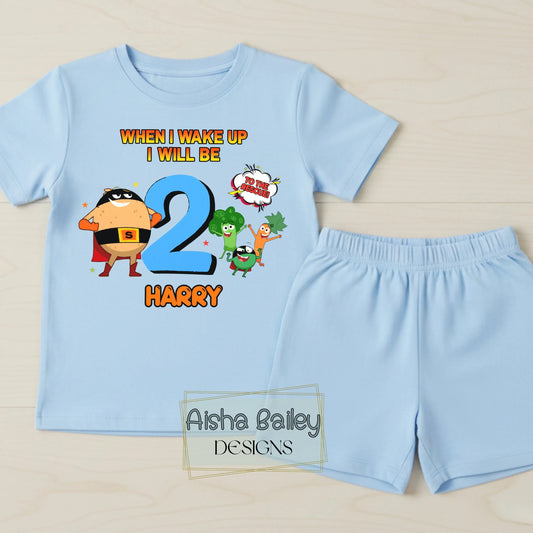 Boys personalised Supertato birthday pyjamas with When I Wake Up design, custom name and age, white star print kids PJs