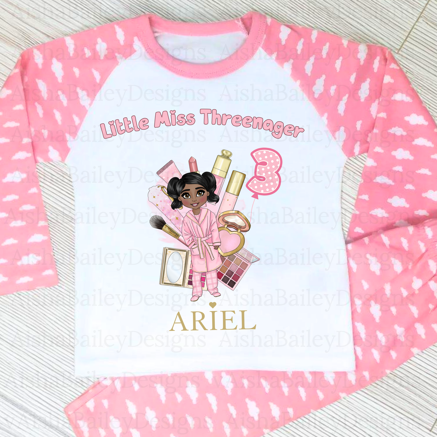 Personalised Threenager Birthday Pyjamas for Girls | Custom Makeup Dolly PJs - 3rd Birthday PJs AishaBaileyDesigns