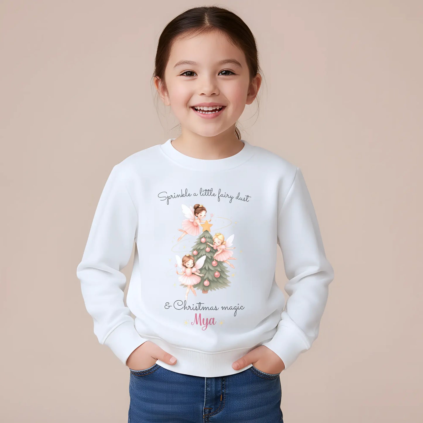 Girls Christmas Sweatshirt: Personalised Christmas sweatshirt for girls with magical fairy and Christmas tree design, custom name print Christmas jumper 