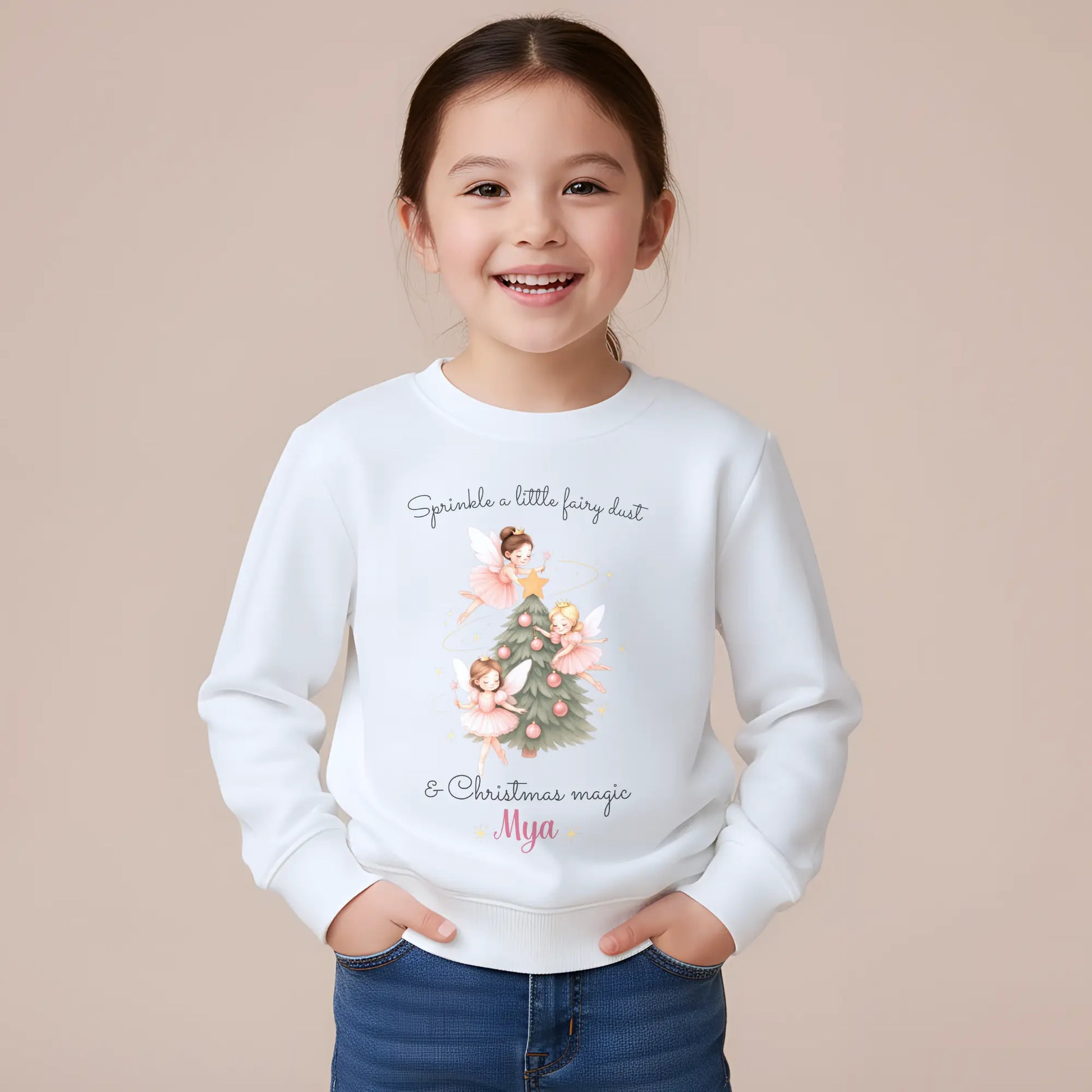 Girls Christmas Sweatshirt: Personalised Christmas sweatshirt for girls with magical fairy and Christmas tree design, custom name print Christmas jumper 