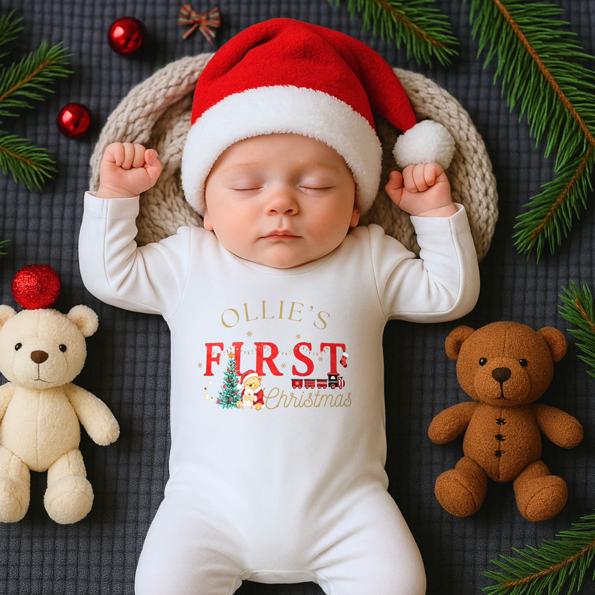 First Chrstmas Outfit, Baby wearing a 'First Christmas' onesie with Santa hat and Christmas decorations.