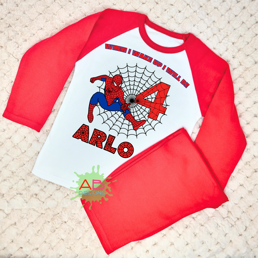spiderman birthday pyjamas, when i wake up spiderman, superhero birthday pyjamas, spiderman name number
