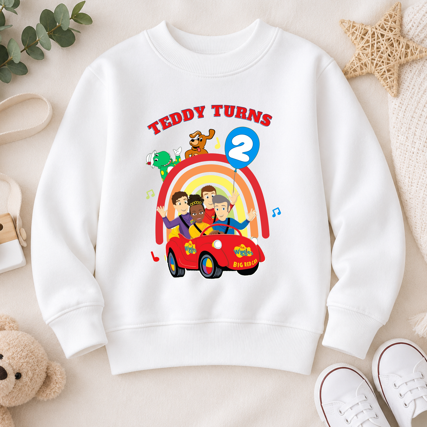 Boys Personalised Wiggles Birthday Sweatshirt with colourful character design, customised with any name and age for a fun boys birthday outfit.