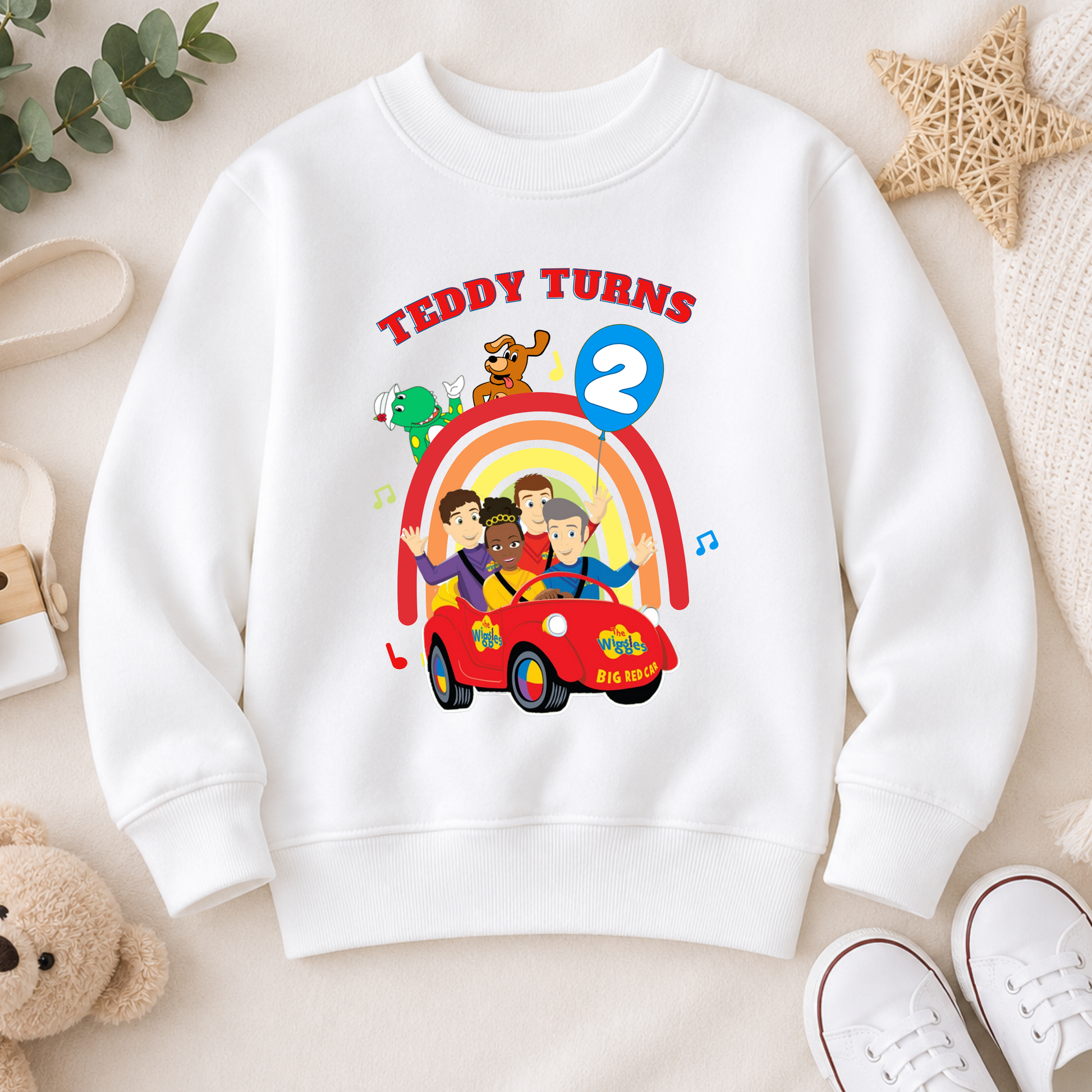 Boys Personalised Wiggles Birthday Sweatshirt with colourful character design, customised with any name and age for a fun boys birthday outfit.