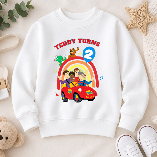 Boys Personalised Wiggles Birthday Sweatshirt with colourful character design, customised with any name and age for a fun boys birthday outfit.
