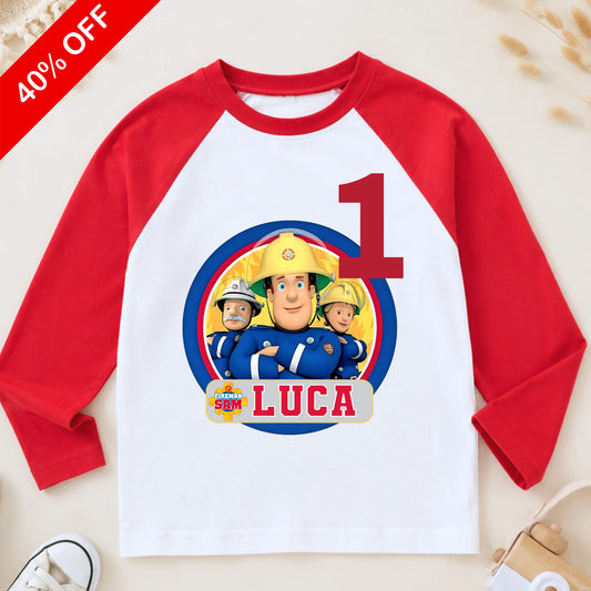 Personalised Fireman Sam Birthday Top for Boys and Girls – Raglan Baseball Style Top, Reduced to Clear AishaBaileyDesigns
