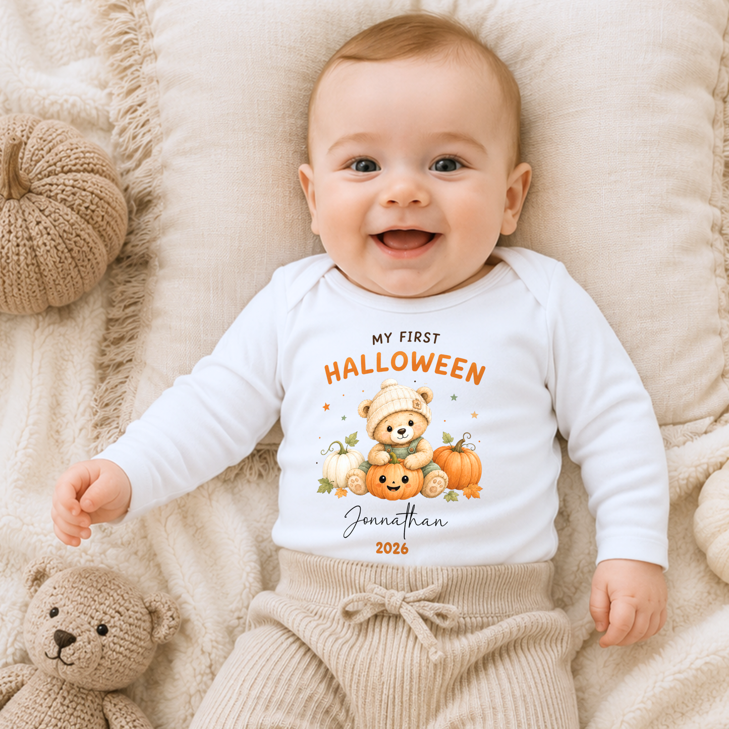 Personalised First Halloween Baby Outfit for boys with cute teddy bear and pumpkin design, customised with baby’s name and year.