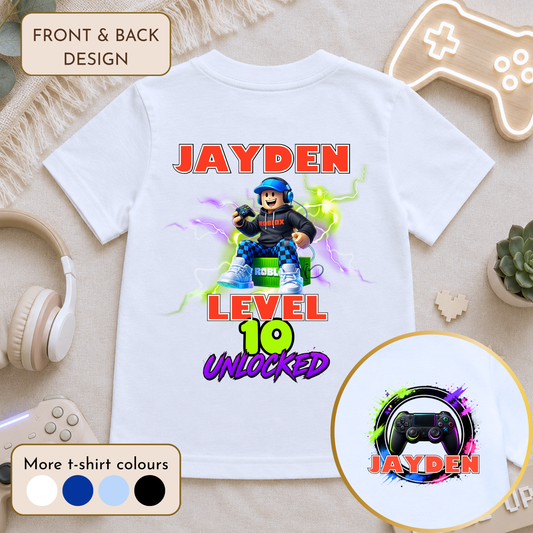 Personalised Roblox Birthday T-Shirt for Boys with custom name, age, gaming controller and Level Unlocked front and back design