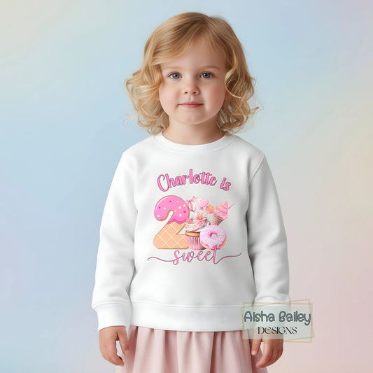 Personalised two sweet birthday sweatshirt for toddler girl with ice cream and donut design and custom name