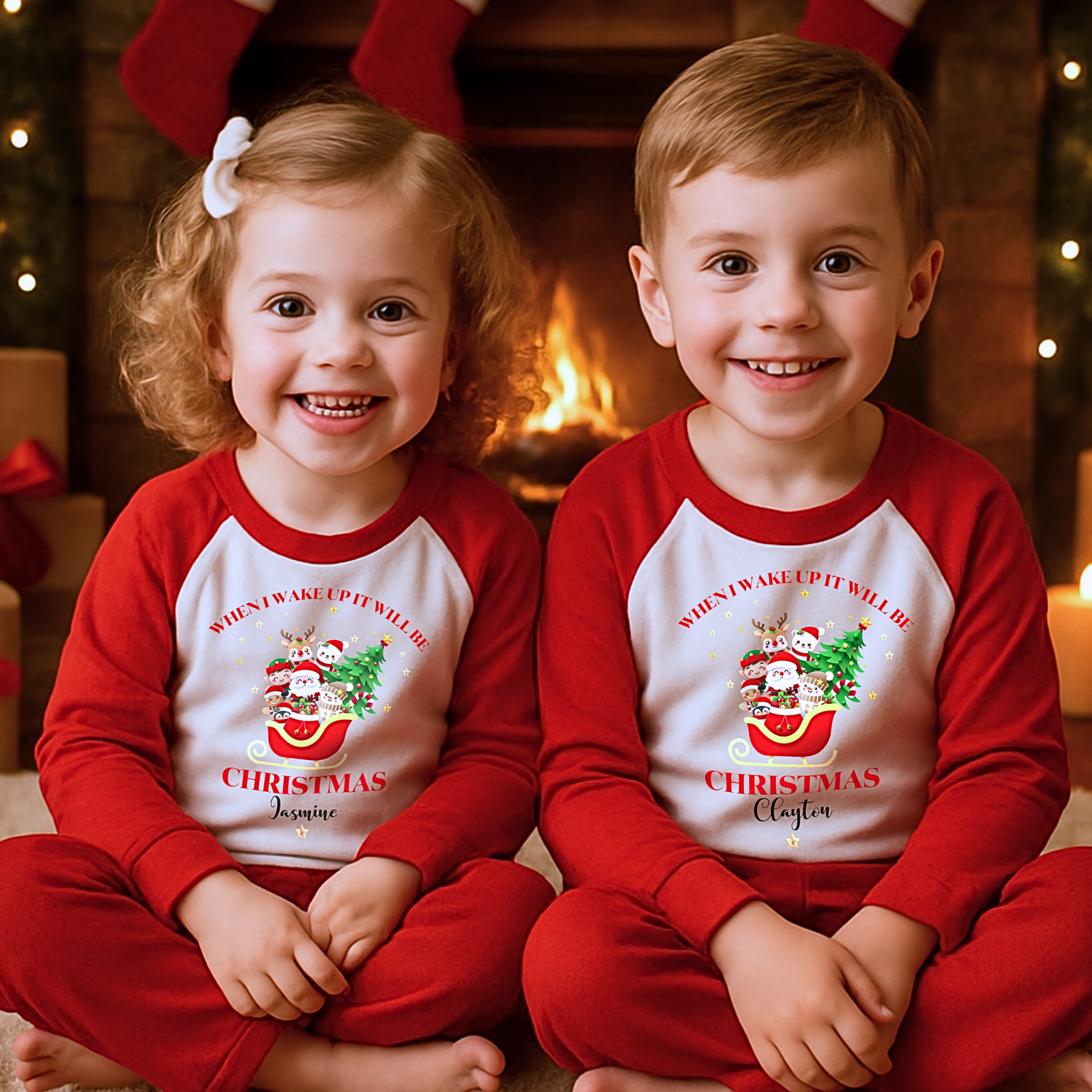 Personalised Christmas pyjamas with Father Christmas sleigh design for boys and girls, When uI wake up it will be Christmas