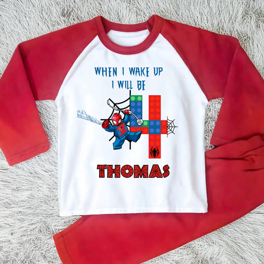 Personalised LEGO Spider-Man Birthday Pyjamas with child’s name and age, featuring a colourful superhero design for boys and girls aged 2–7.