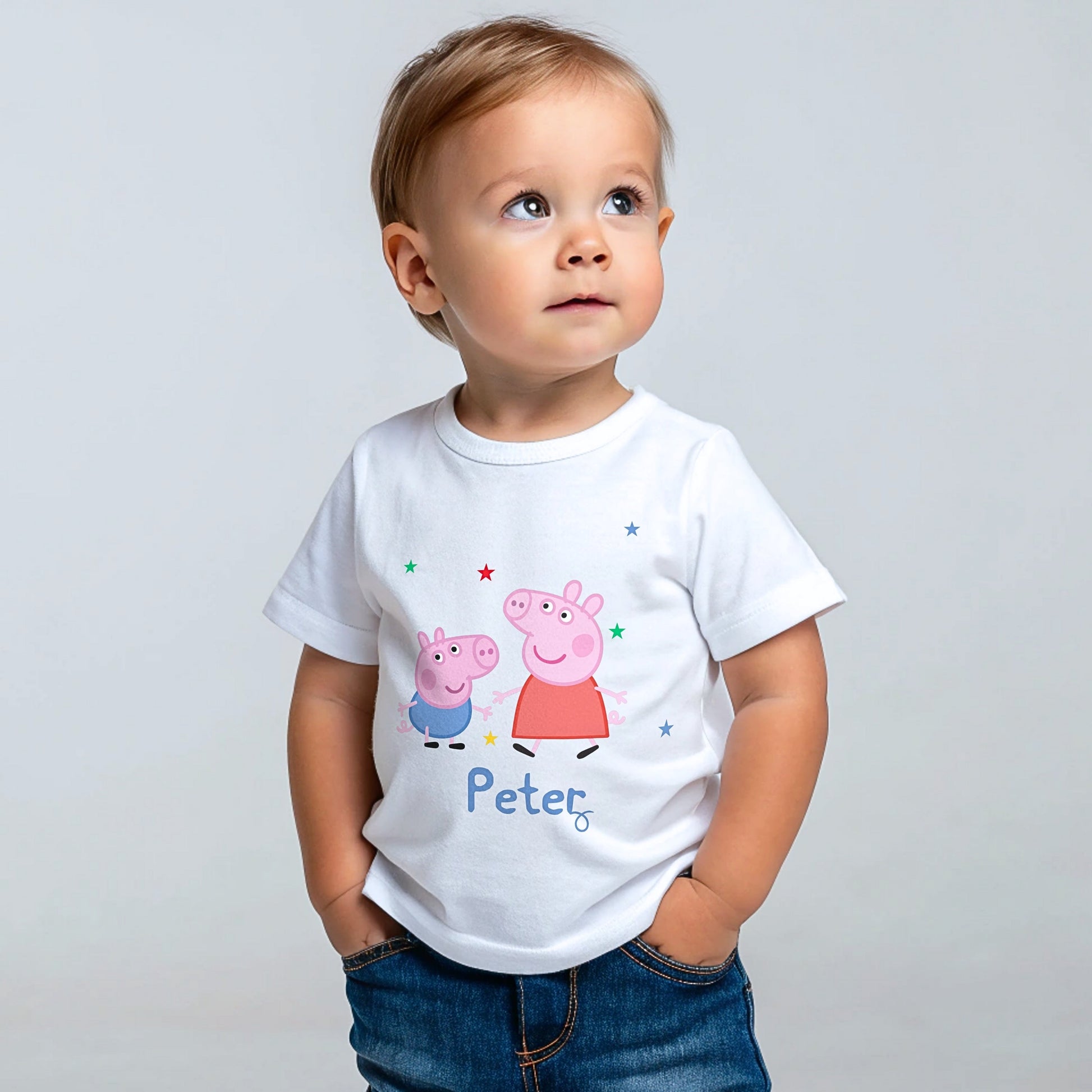 Personalised Peppa and George T-shirt for kids featuring cute character artwork and custom name option.