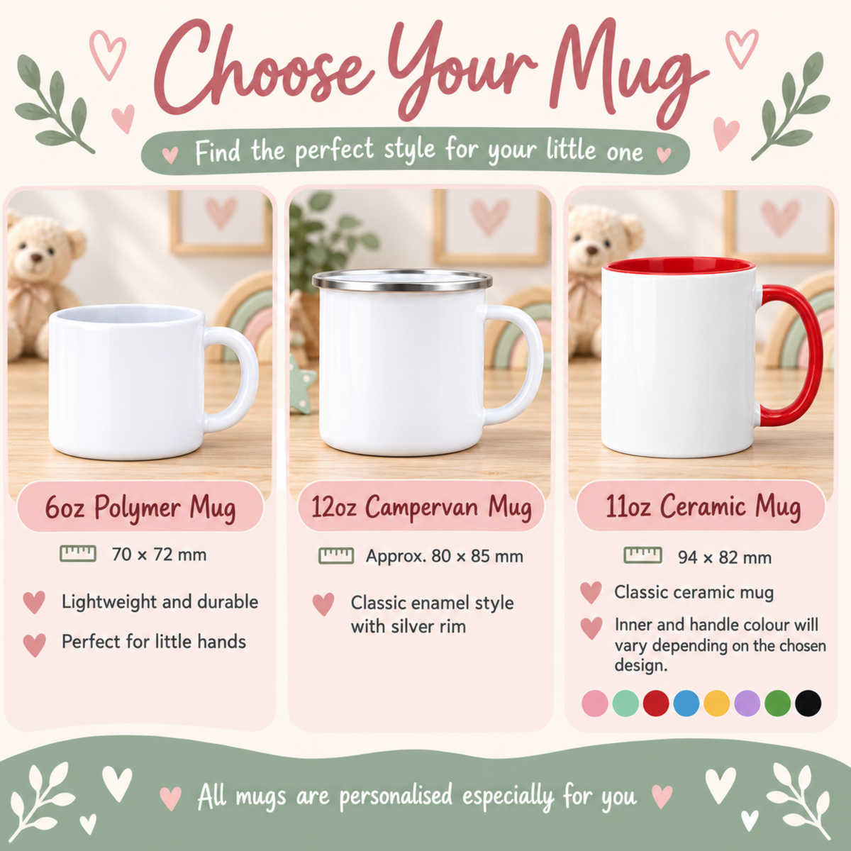 Personalised reindeer Christmas mug for girls featuring a pink bow and child’s name, available in polymer, ceramic and campervan styles.