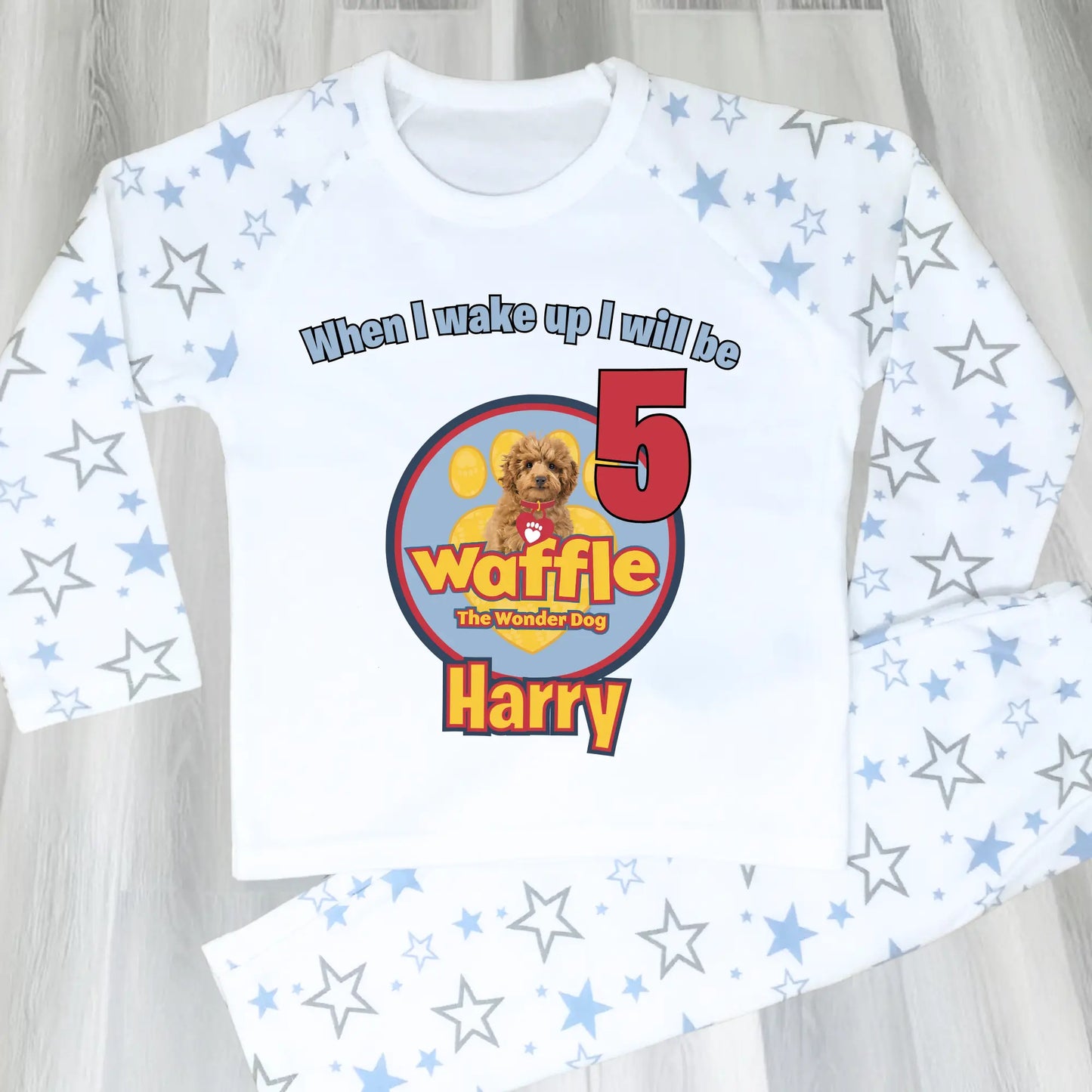Waffle birthday pyjamas for boys with custom name and age: waffle the wonder dog