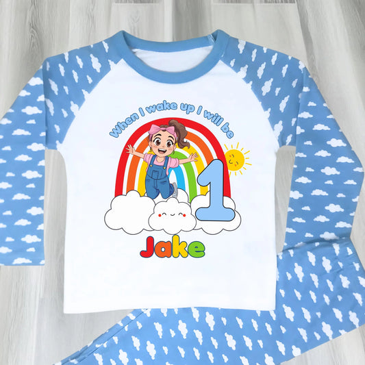 Personalised boys Ms Rachel birthday pyjamas with rainbow design and name printed on top