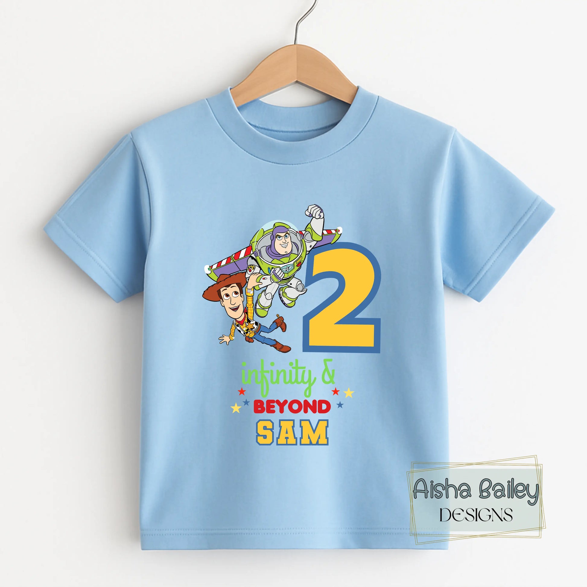 Personalised Two Infinity and Beyond birthday t-shirt for boys with custom name second birthday Toy Story inspired shirt