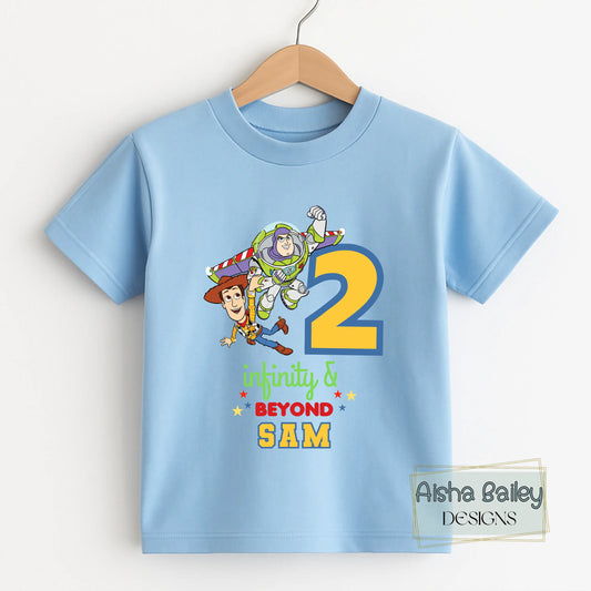 Personalised Two Infinity and Beyond birthday t-shirt for boys with custom name second birthday Toy Story inspired shirt
